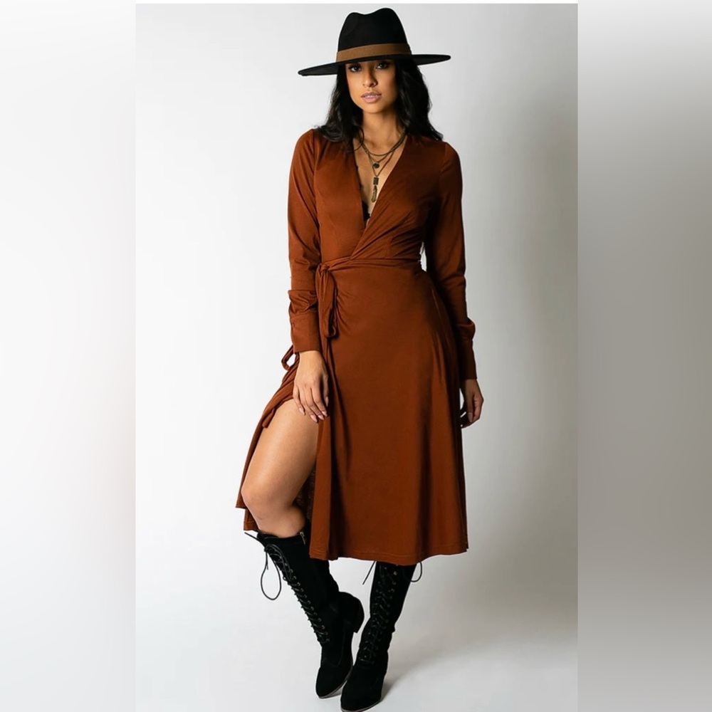Rust Long Sleeve Wrap Dress